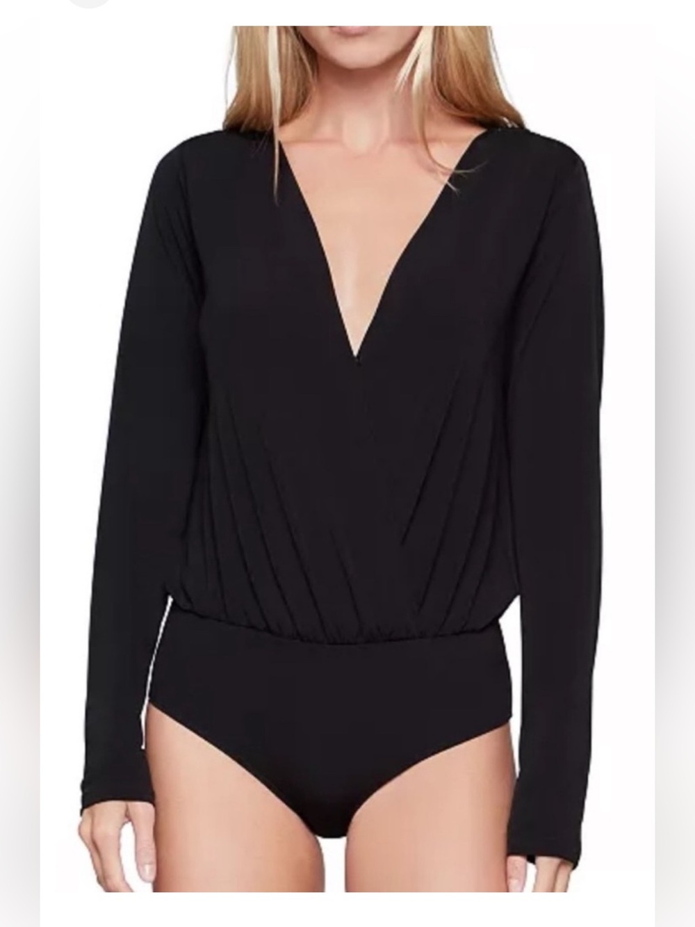 BCBG Generation Black Long-Sleeve Surplice Tie Back Bodysuit